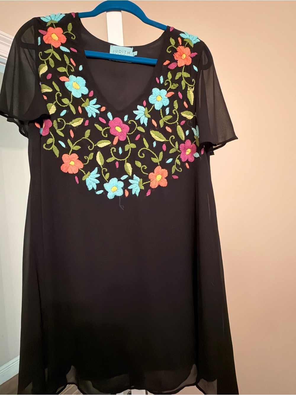 Judith March Black Mini Dress with Bright Floral Embroidery fully lined